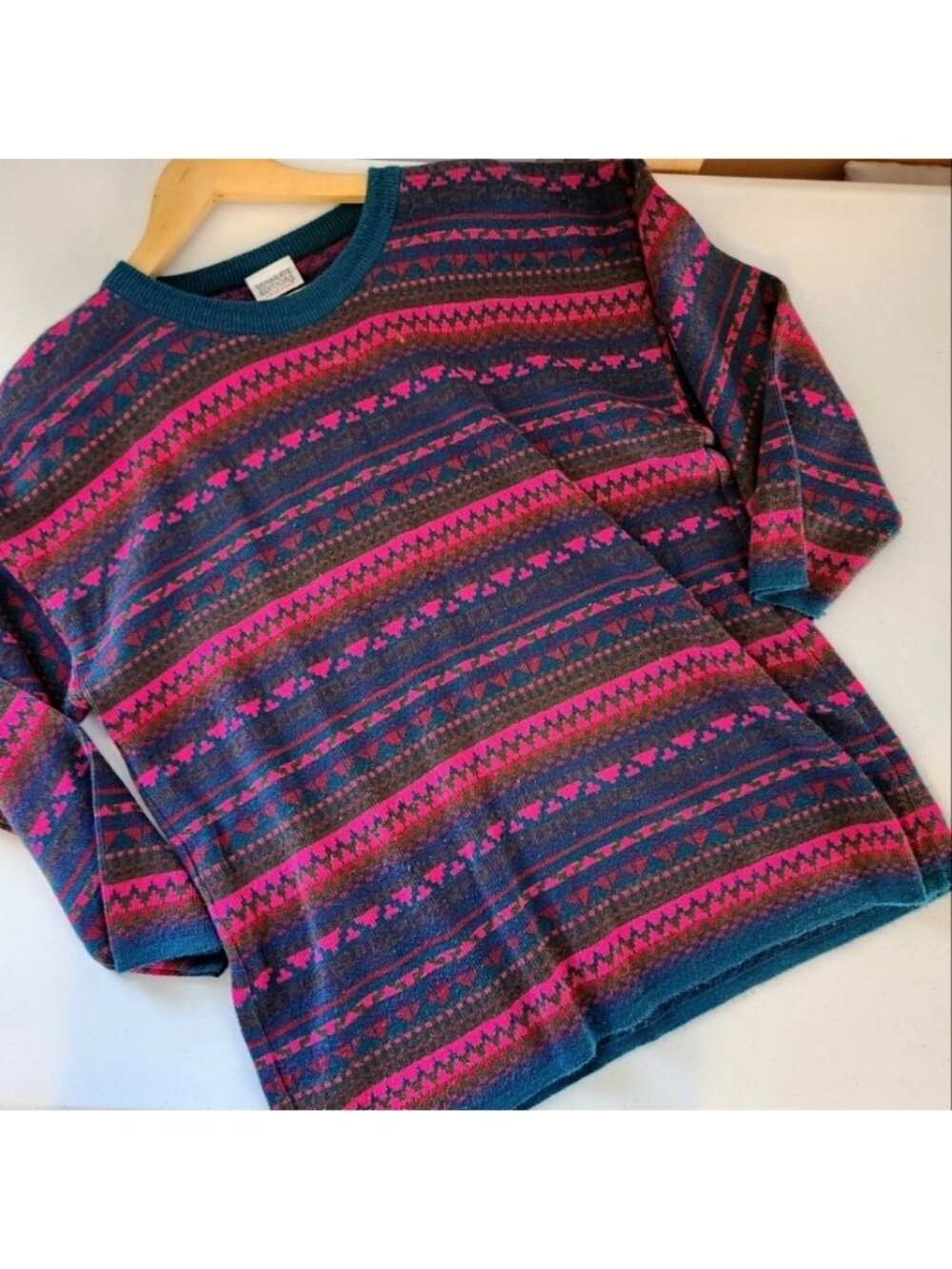 Vintage Oversized Pink Blue Fair Isle Crew Neck Sweater 90s 1990s Ski Preppy M